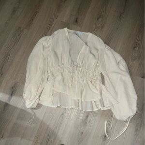 ASOS Cream Striped Blouse Women’s Size 10 Deep V-Neck Tie Sleeve Elastic Waist